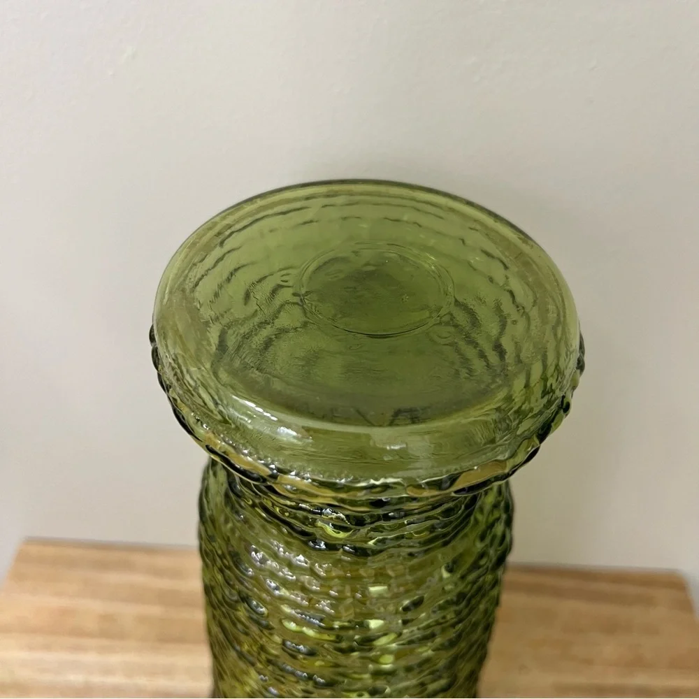 Vintage Anchor Hocking NAPCO Avocado Olive Green Crinkle Glass Flower Vase